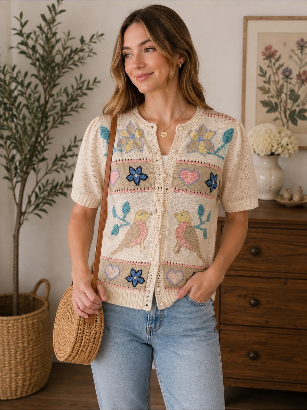 Vintage Marisa Christina Hand-Knitted Cardigan | Cottagecore Bird & Floral